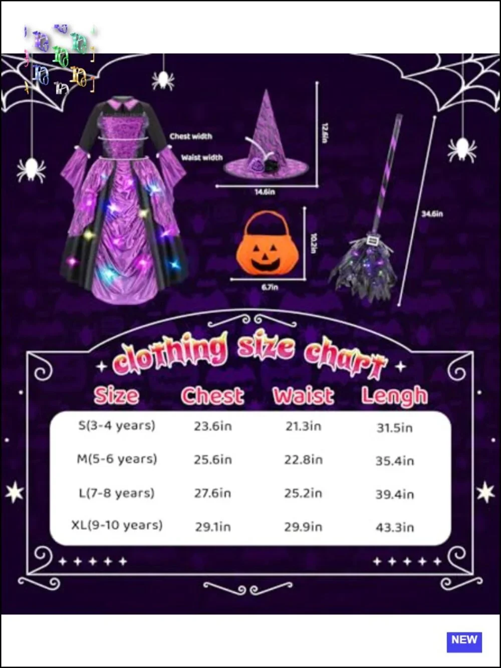 Light Up Witch Costume Dress for Girls Halloween Cosplay with Hat Broomstick